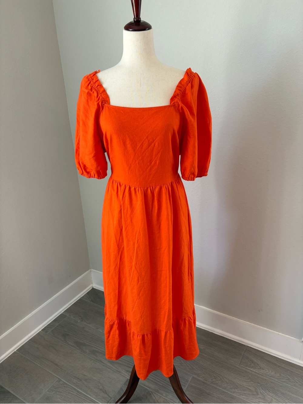 Who What Wear Tiered Poplin Babydoll Midi Tie Back Dress Summer Orange Medium